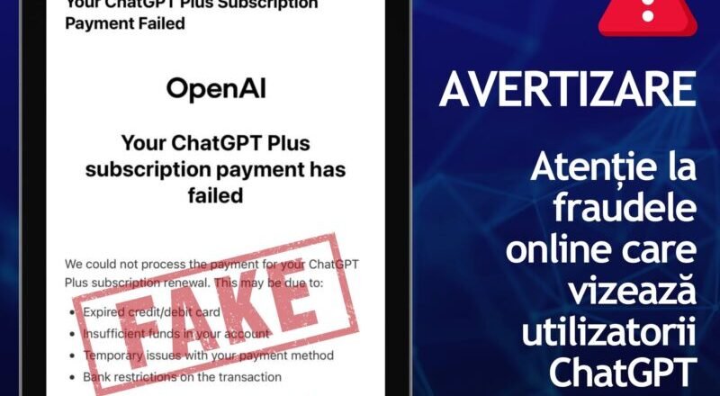 Tablet screen shows a fake 'ChatGPT Plus Subscription Payment Failed' message with an OpenAI label and a red 'FAILED' stamp, signaling online fraud warning (in Romanian context on the side).