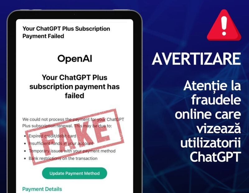 Tablet screen shows a fake 'ChatGPT Plus Subscription Payment Failed' message with an OpenAI label and a red 'FAILED' stamp, signaling online fraud warning (in Romanian context on the side).