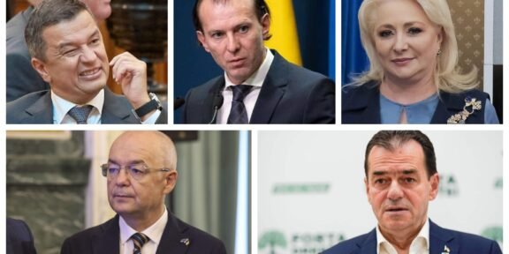 Collage of six head-and-shoulders portraits of professional-looking individuals in suits at formal events.