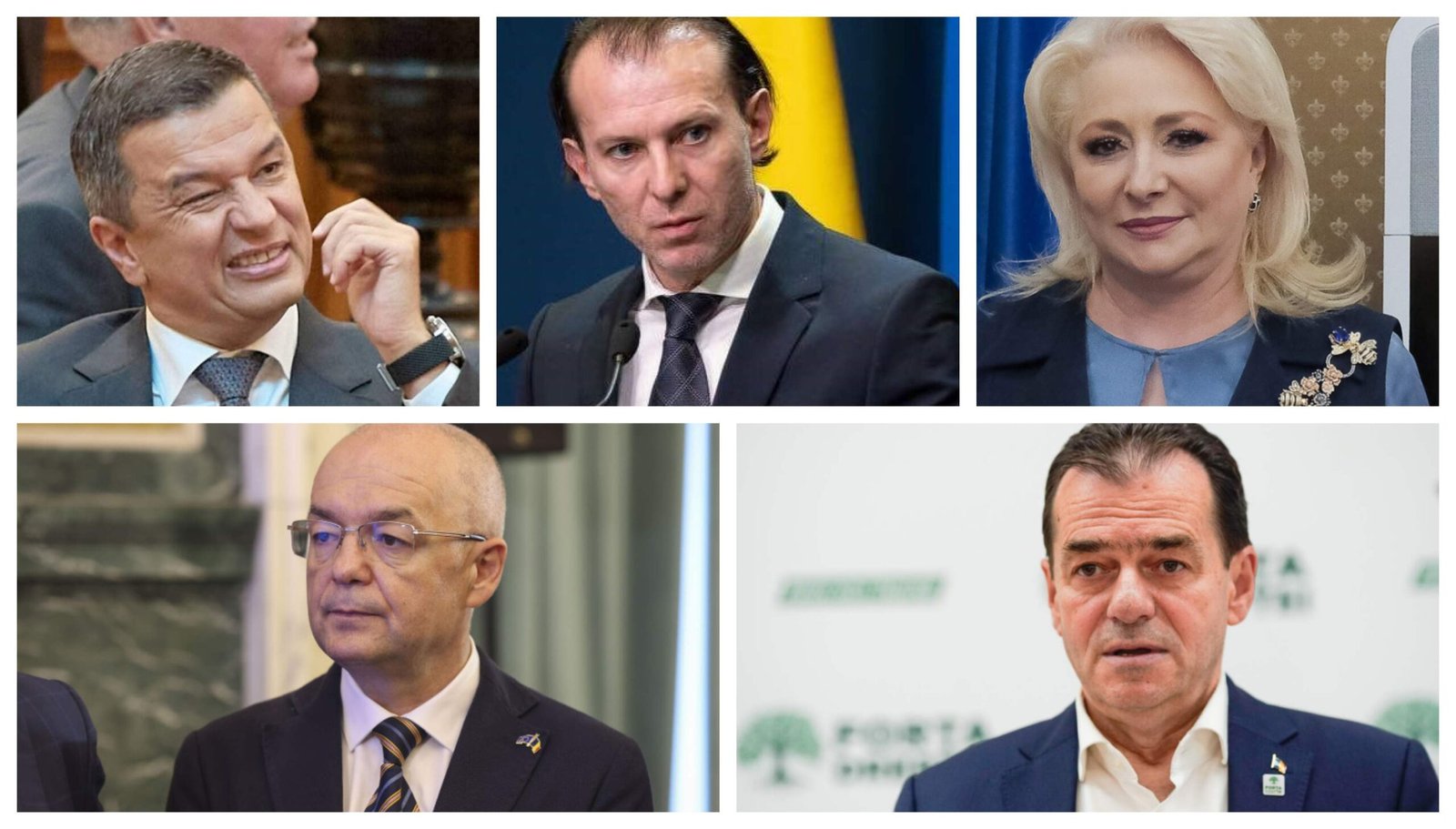 Collage of six head-and-shoulders portraits of professional-looking individuals in suits at formal events.