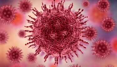 Close-up illustration of a red virus particle with spike proteins against a pink-purple blurred background.