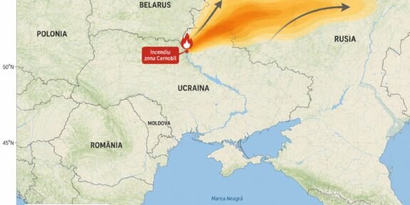 Map of eastern Europe showing a wildfire near Chernobyl in Ukraine, with an orange plume extending northeast toward Russia.