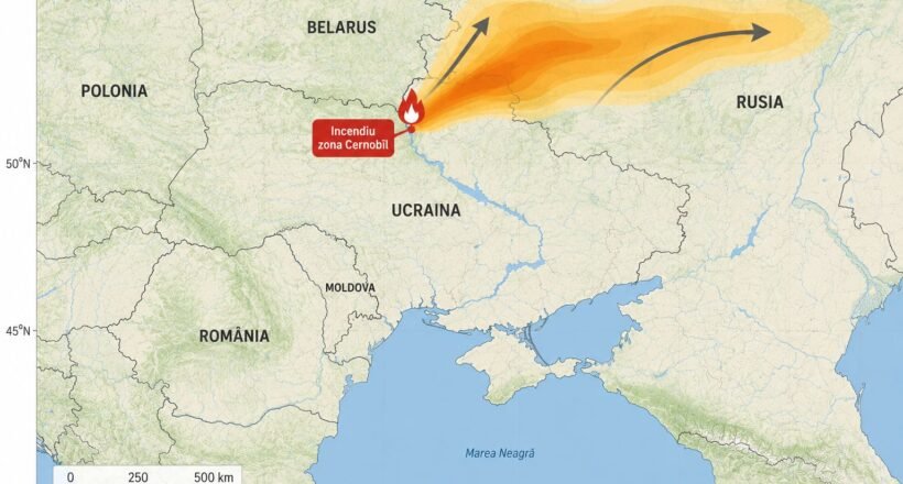 Map of eastern Europe showing a wildfire near Chernobyl in Ukraine, with an orange plume extending northeast toward Russia.