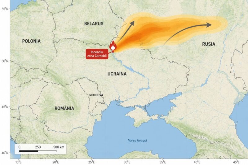 Map of eastern Europe showing a wildfire near Chernobyl in Ukraine, with an orange plume extending northeast toward Russia.