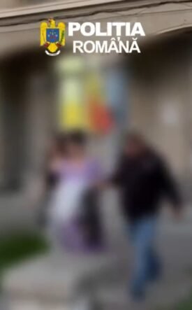 Blurry outdoor scene outside a building with the Romanian Police logo at the top, a European flag on a pole, and several people walking by.