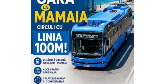 Poster informativ în cortină albastră: linia de autobuz 100M între Gara CFR şi Mamaia, un autobuz albastru pe o drum spre plajă.
