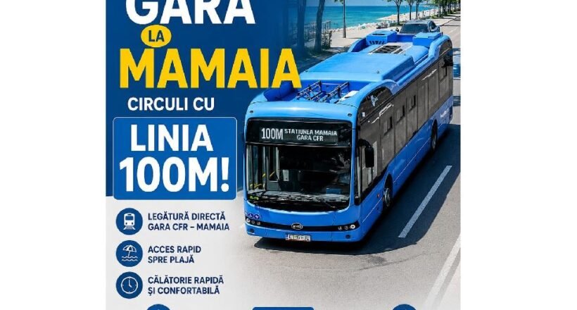 Poster informativ în cortină albastră: linia de autobuz 100M între Gara CFR şi Mamaia, un autobuz albastru pe o drum spre plajă.