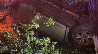 Upside-down car crashed in a wooded area at night with trees and grass around, purple emergency lights nearby.