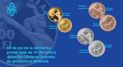 Infographic about Romanian commemorative Olympic coins with weights and diameters listed (100 Lei gold, 10 Lei silver, etc.).