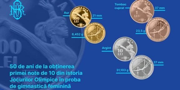 Infographic about Romanian commemorative Olympic coins with weights and diameters listed (100 Lei gold, 10 Lei silver, etc.).