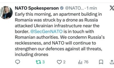 Tweet from NATO Spokesperson about a drone strike on a Romanian apartment building near the border; condemns Russia and says NATO will strengthen defenses.