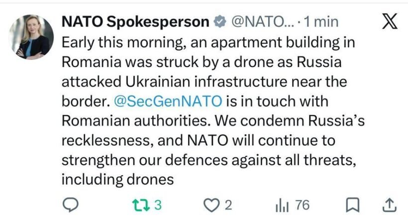 Tweet from NATO Spokesperson about a drone strike on a Romanian apartment building near the border; condemns Russia and says NATO will strengthen defenses.