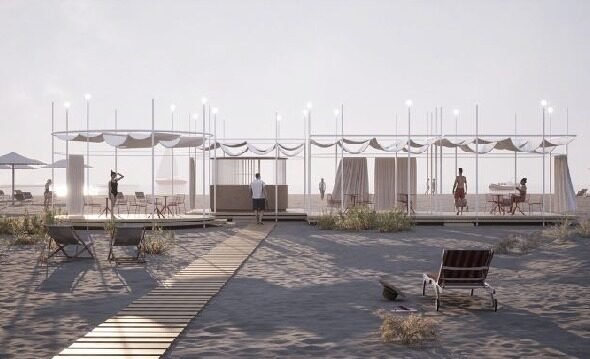 Open-air beach cabanas with white canopies along a wooden boardwalk, string lights, and beachgoers relaxing nearby on a sandy shore.