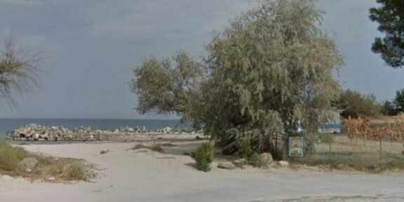 A sandy coastal scene with a large tree near a fenced area, calm sea in the background and a rocky jetty extending into the water at left.