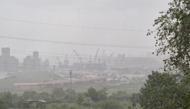Industrial port and refinery structures with cranes visible through a hazy atmosphere, seen behind a curved railway track and greenery in the foreground.