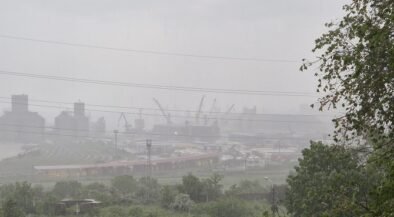 Industrial port and refinery structures with cranes visible through a hazy atmosphere, seen behind a curved railway track and greenery in the foreground.