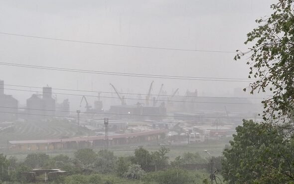 Industrial port and refinery structures with cranes visible through a hazy atmosphere, seen behind a curved railway track and greenery in the foreground.