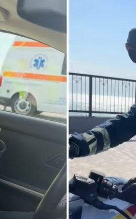 Female police officer in a high-visibility vest sits in a car, looking ahead; a convoy ambulance visible outside the window (left panel).|Right: Motorcyclist in full protective gear and white helmet rides a police motorcycle along a seaside promenade.