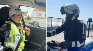Female police officer in a high-visibility vest sits in a car, looking ahead; a convoy ambulance visible outside the window (left panel).|Right: Motorcyclist in full protective gear and white helmet rides a police motorcycle along a seaside promenade.