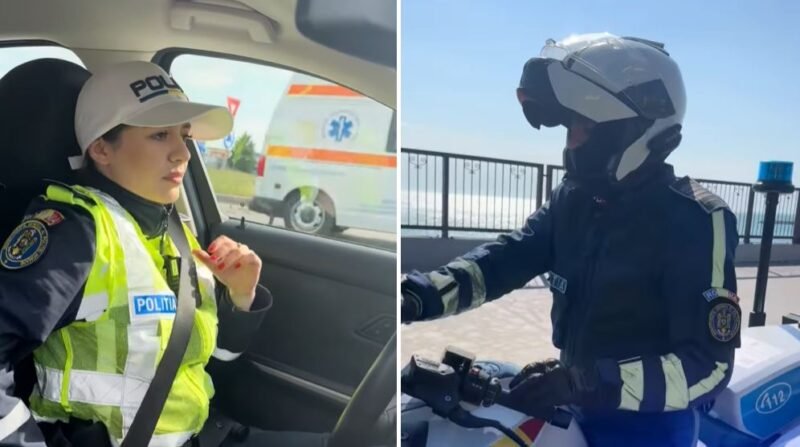 Female police officer in a high-visibility vest sits in a car, looking ahead; a convoy ambulance visible outside the window (left panel).|Right: Motorcyclist in full protective gear and white helmet rides a police motorcycle along a seaside promenade.