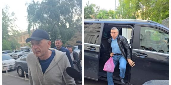 Two-panel scene: left shows a man in a cap and gray jacket walking outdoors near parked cars; right shows another man in a leather jacket and blue shirt stepping out of a black SUV with a pink bag in hand.