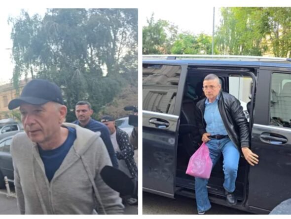 Two-panel scene: left shows a man in a cap and gray jacket walking outdoors near parked cars; right shows another man in a leather jacket and blue shirt stepping out of a black SUV with a pink bag in hand.