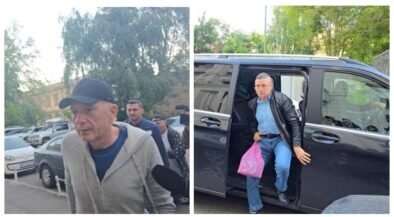 Two-panel scene of men near vehicles: left shows an older man in a cap and beige jacket walking in a parking lot, right shows a man in a leather jacket stepping out of a black SUV with a pink bag nearby.
