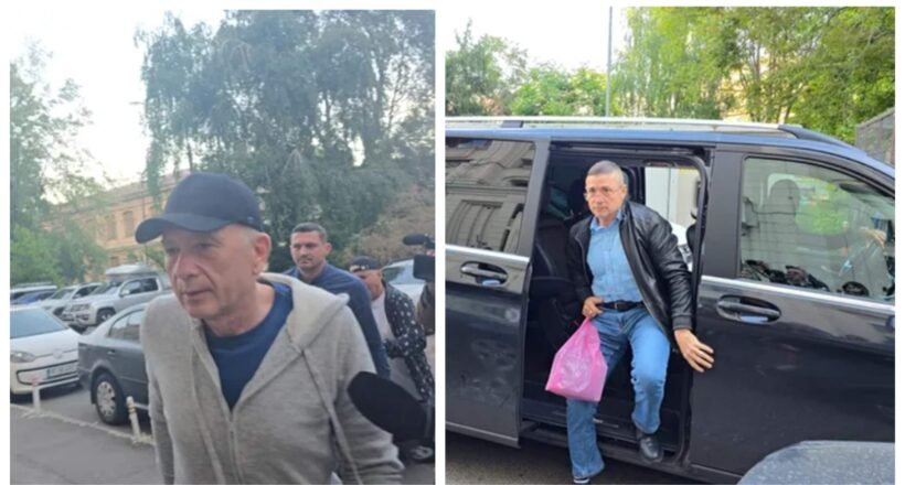 Two-panel scene of men near vehicles: left shows an older man in a cap and beige jacket walking in a parking lot, right shows a man in a leather jacket stepping out of a black SUV with a pink bag nearby.