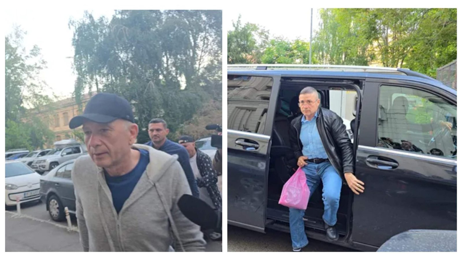 Two-panel scene of men near vehicles: left shows an older man in a cap and beige jacket walking in a parking lot, right shows a man in a leather jacket stepping out of a black SUV with a pink bag nearby.