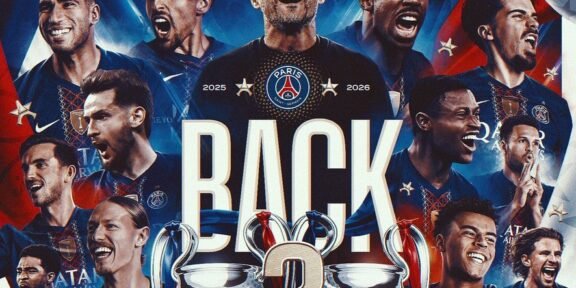 PSG promotional poster with players surrounding a large 'BACK 2025–2026' title and a central trophy motif.