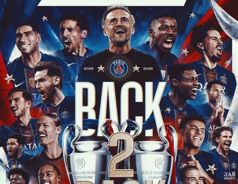 PSG promotional poster with players surrounding a large 'BACK 2025–2026' title and a central trophy motif.