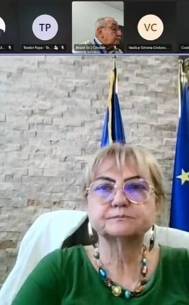 Framed woman in a green blouse wearing glasses, seated in a conference setting with European and flag banners behind her.
