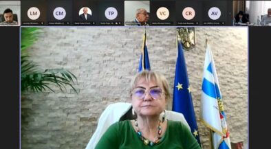 Framed woman in a green blouse wearing glasses, seated in a conference setting with European and flag banners behind her.
