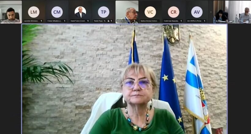 Framed woman in a green blouse wearing glasses, seated in a conference setting with European and flag banners behind her.
