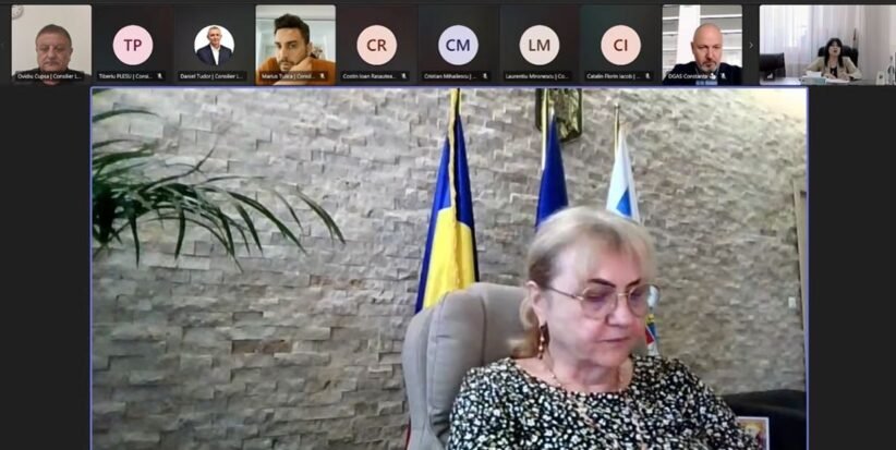Video conference screenshot: a woman in a patterned blouse sits at a desk, with flags behind her and participants along the top thumbnails.