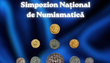 Poster announcing AI XXXVIII-ia Simpozion Național de Numismatică with assorted ancient coins against a blue gradient background, and three emblems at the top corners.