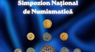 Poster announcing AI XXXVIII-ia Simpozion Național de Numismatică with assorted ancient coins against a blue gradient background, and three emblems at the top corners.