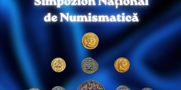 Poster announcing AI XXXVIII-ia Simpozion Național de Numismatică with assorted ancient coins against a blue gradient background, and three emblems at the top corners.