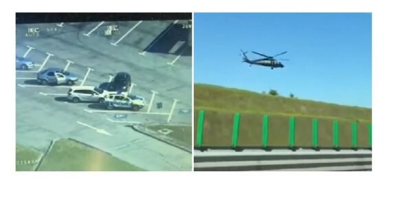 Split image: left shows a parking lot with several cars captured by a surveillance-style camera from above; right shows a helicopter flying over a highway barrier with green vertical posts against a blue sky.