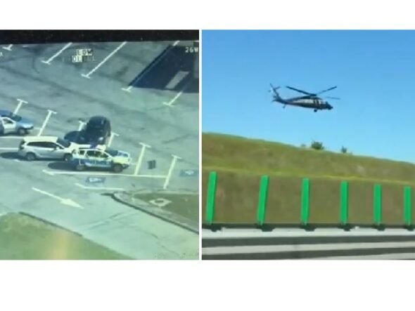Split image: left shows a parking lot with several cars captured by a surveillance-style camera from above; right shows a helicopter flying over a highway barrier with green vertical posts against a blue sky.
