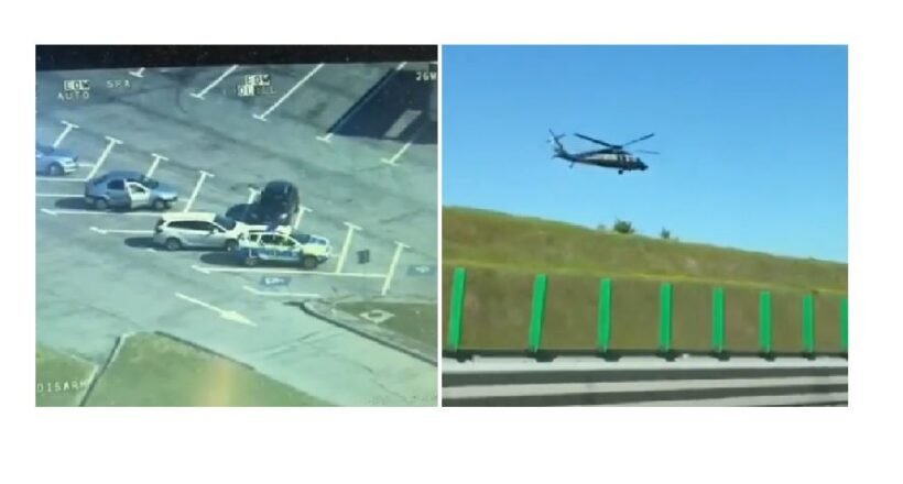 Split image: left shows a parking lot with several cars captured by a surveillance-style camera from above; right shows a helicopter flying over a highway barrier with green vertical posts against a blue sky.