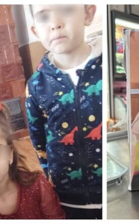 Collage of kids in a store: a close-up of a woman's face with two children, one in a dinosaur-pattern hoodie; on the right, a life-size cardboard cutout of a girl sipping through a straw.