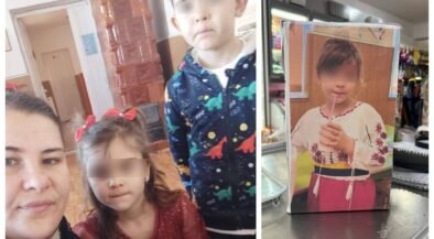 Collage of kids in a store: a close-up of a woman's face with two children, one in a dinosaur-pattern hoodie; on the right, a life-size cardboard cutout of a girl sipping through a straw.