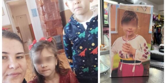 Collage of kids in a store: a close-up of a woman's face with two children, one in a dinosaur-pattern hoodie; on the right, a life-size cardboard cutout of a girl sipping through a straw.