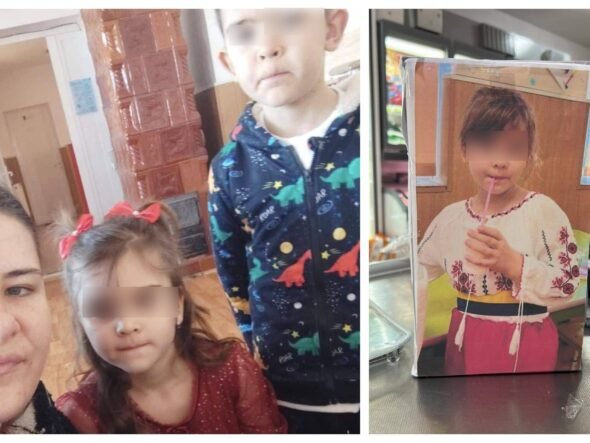 Collage of kids in a store: a close-up of a woman's face with two children, one in a dinosaur-pattern hoodie; on the right, a life-size cardboard cutout of a girl sipping through a straw.