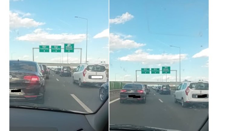 Split-screen view from inside a car showing a busy multi-lane highway with several cars and green overhead direction signs against a blue sky.
