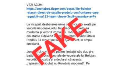 Screenshot of a Romanian article excerpt with blue hyperlinks and black text, overlaid by a large red 'FALSE' stamp diagonally across the page.