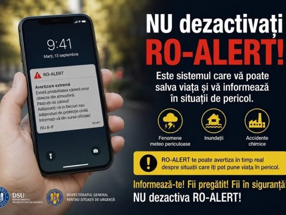 Hand holding a smartphone with a RO-ALERT warning notification.
