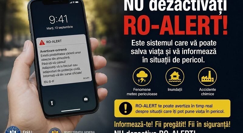 Hand holding a smartphone with a RO-ALERT warning notification.