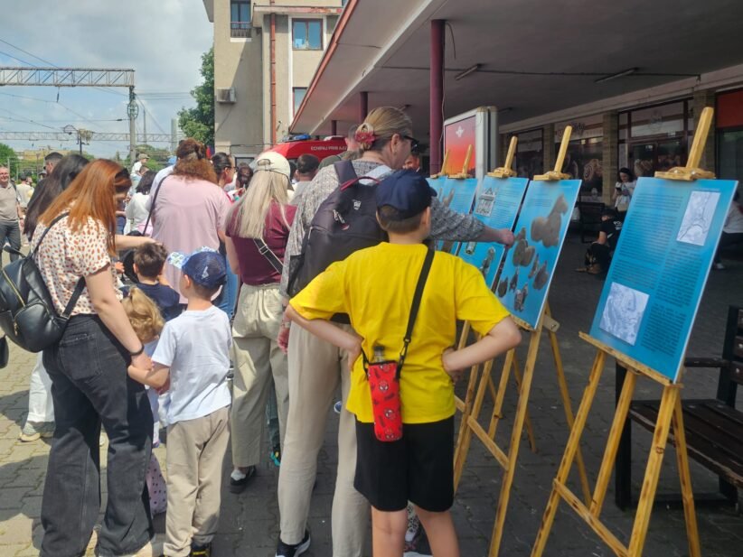 Group of people, adults and kids, reading blue exhibit panels on wooden easels outside a building.